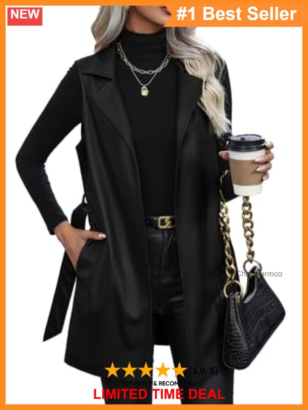 Faux Leather Long Vest Sleeveless Open Front with Belt